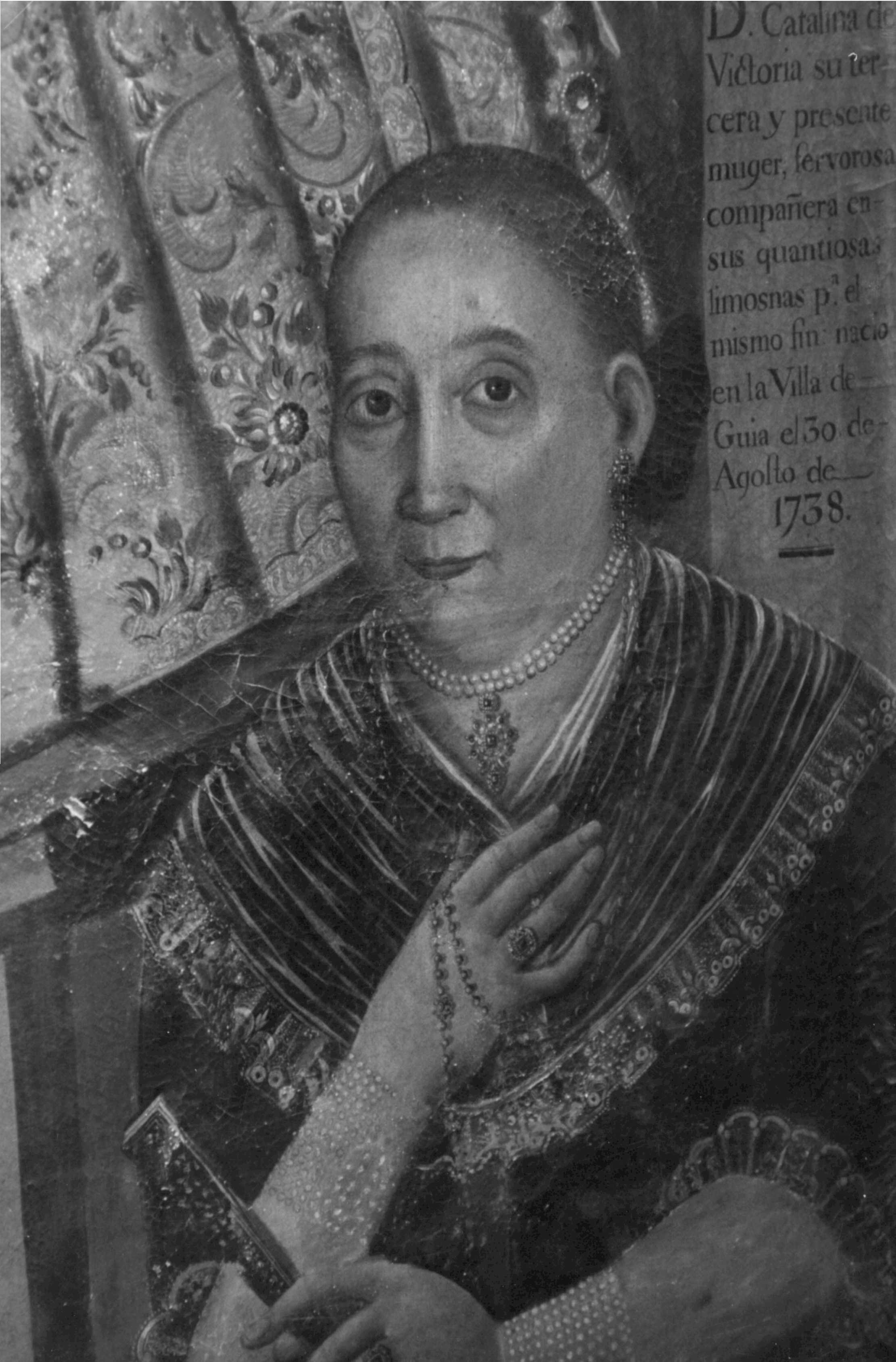 
Dña. Catalina Josefa de Victoria y Medina (1738-1807),
la dama Guiense que fuera la tercera esposa del Capitán Quesada.
     (Detalle del retrato conservado en la Capilla de San Miguel)
