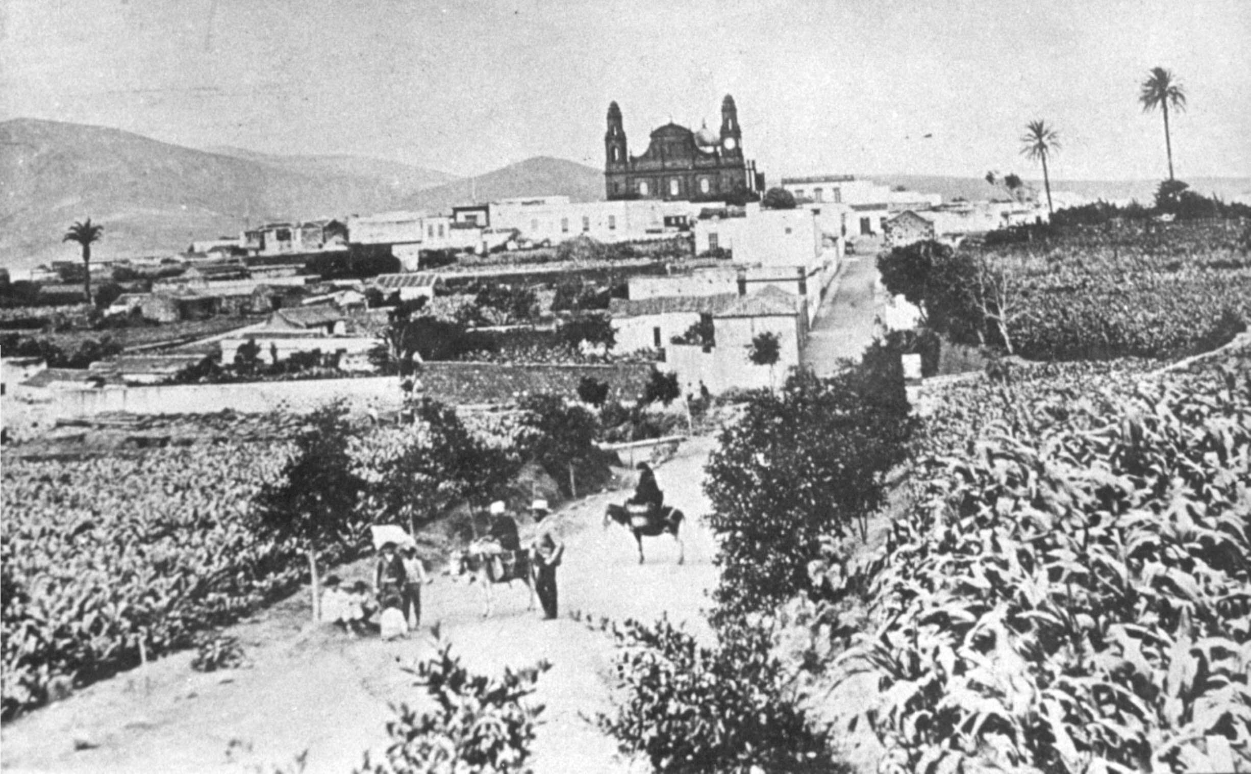 Nostálgica viñeta de Gáldar en los finales del XIX. En primer término la “calle larga”, hoy Capitán Quesada.
